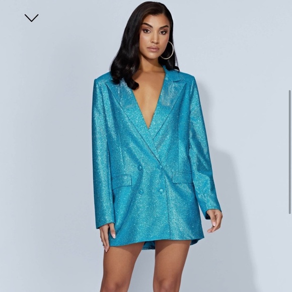 Meshki Becky Shimmer Oversized Blazer Dress Aquamarine L Mermaid Glitter Festive - Picture 3 of 16